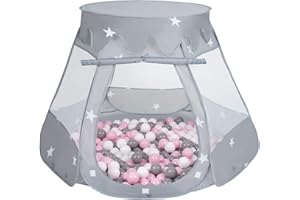 Selonis Tenda 105X90cm/100 Palline Castello Con Palline Colorate Per Bambini, Grigio:Bianco/Grigio/Rosa Chiaro