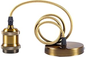 Sevenpers Light Fittings Ceilings, E27 Vintage Bright Brass Pendant Light Fitting Lamp Holder with Ground Wire and 90cm Braided Cable