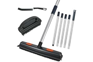COEWUR Rubber Brush Pet Hair Removal Broom with Squeegee, 155/163cm Long Handle Silicone Carpet Brush Removal with Portable Detailing Comb for Cleaning Fluff Carpet Rug, Reinforced Joints Non-breakin