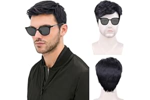 TSHAOUN Peluca Negro Corta para Hombre, Postizo de Chico con Banda, Peluca Punk Rock para Fiesta y Halloween (Negro)