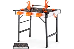 GiantexUK Folding Workbench, 450KG Heavy Duty Work Table with 2 Quick Clamps, 4 Clamp Dogs, 3 Storage Boxes & Measurement, Portable Work Bench for Garage Workshop Engineering Repairing, 85x60x74cm