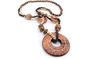 Stonham Hand Carved Magic Sun Lines Wooden Beaded Pendant Necklace