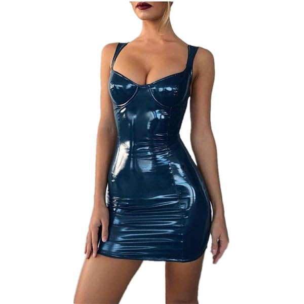 Agoky Damen Wetlook Kleid – Bodycon, Rückenfrei, Mit Schlinge, Glänzend, ärmellos, Für Party & Club