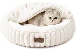 COZY KISS Winter Cat Bed with Hooded Blanket, Plush Donut Dog Beds for Indoor Small Dogs, Warm Anxiety Relief Cat Cave with Head and Neck Support, Faux Fur, Machine Washable, 50x50x15cm, Cream