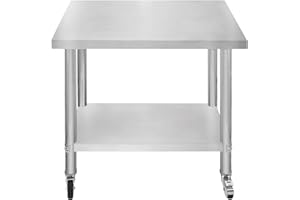 KUKOO Mesa de Trabajo Cocina de Acero Inoxidable Mesa Catering Preparación de Comida 76x90x86cm Banco de Trabajo Cocina con Ruedas Frenos Pies Adaptables + Estante Inferior Ajustable Capacidad Peso 160kg