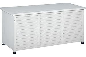 Outsunny Coffre de rangement extérieur, malle de rangement en bois, 283L, avec petites ouvertures en bas, 2 chaînes, 127 x 56 x 60 cm, blanc
