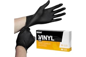 OKIAAS Black Gloves M|Latex-Free Vinyl Gloves for Household, Food Handling, Lab Work and More|Medium, 50 Counts/Box