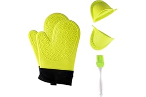 AILZPXX Jonhen Guantes de Silicona Resistentes al Calor Antideslizantes con Forro de algodón para Cocina, Horno, 1 par, Cepillo Extra y Soporte para Maceta (Verde)