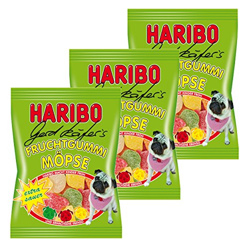 Haribo Gerd Käfer's Möpse Sauer, 3er Pack, Gummibärchen, Weingummi, Fruchtgummi, Im Beutel, Tüte, 200 g