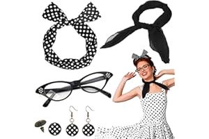 KUAOWT Accessori Anni 50 Donna, 7 Pezzi Vintage Neri Set di Accessori per Costumi Anni '50 '60, Sciarpa in Chiffon Fascia per Capelli a Pois Occhiali Orecchini per Feste di Compleanno Carnevale Halloween