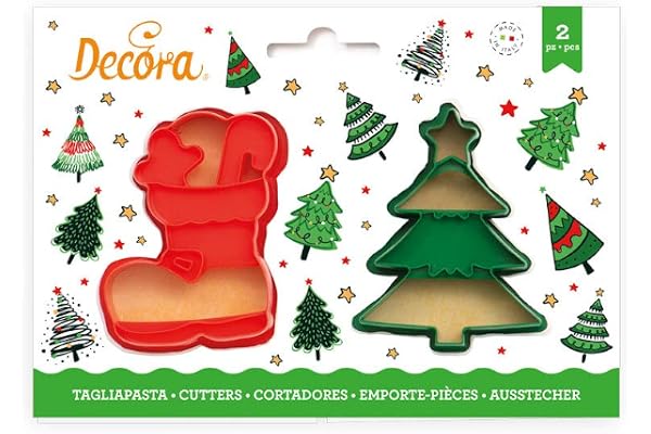 Decora COD. 0255096 KIT 2 EMPORTE-PIÈCES EN PLASTIQUE ARBRE DE NOËL ET BOTTE 8/6 CM