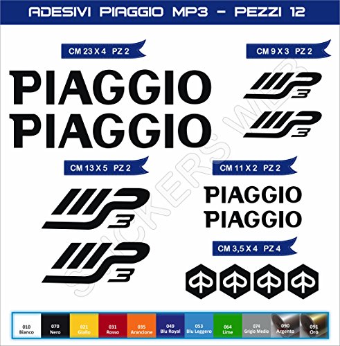 Pimastickerslab Pegatinas Adhesivos Piaggio MP3 para Motos, Motocicletas. Cod.0563 (Nero cod. 070)