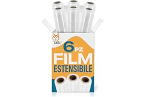 Akitaink 6 rotoli pellicola trasparente per imballaggio, film estensibile spessore 23 my, 2,4 Kg, altezza 50 cm lunghezza 250 metri Extra Resistente per Spedizioni e Traslochi Made in Italy