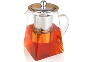 Spring Chef Square Glass Tea Pot with Infuser, Heat-Resistant Borosilicate Glass Teapot with Strainer, Removable Infuser Tea Pot Handmade for 1-2 person-550ml/18.6oz