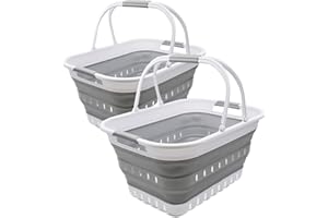 SAMMART 29L Collapsible Tub with Handle - Portable Outdoor Picnic Basket/Crater - Foldable Shopping Bag - Space Saving Storage Container (White/Grey (Set of 2))