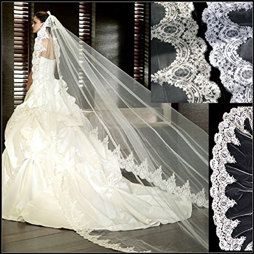 sweettime-Top-level Quality 3 Meter Long Single-layer Embroidery Lace Edge Bridal Wedding Veil(Ivory)