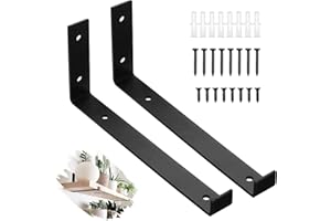 WHATWEARS 2 Pcs Black Shelf Brackets, Heavy Duty Shelf Brackets for Shelf, 5"/8"/9"10" Rustic Shelf Brackets Industrial L Shape Iron Brackets with Screws and Anchors (9 inch)