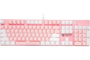 Qisan Mechanical Gaming Keyboard Wired White Backlit Keyboard Blue Switches Full Size 104 Keys US Layout-White and Pink