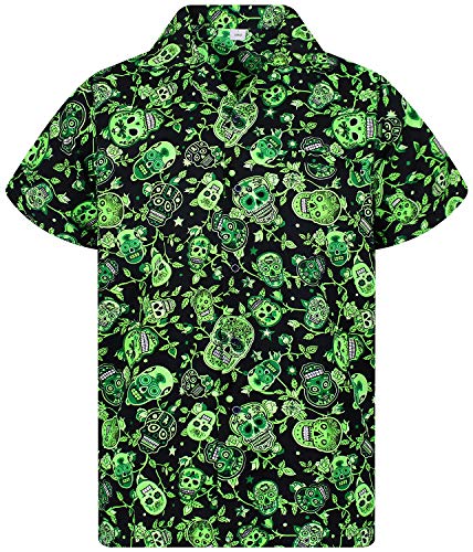 V.H.O. Funky Camisa Hawaiana, Skull, Green, L