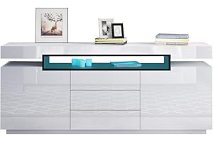 Senvoziii LED Sideboard Cupboard Cabinet High Gloss 2 Doors 3 Drawers Storage with Open Case TV Stand Unit for Dining Room Living Room Kitchen