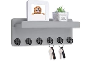 Nekon Key Holder Wall Mount, 12.9 Inch Home Decor Wooden Wall Organizer with 6 Hooks and Display Shelf, Wall Shelf for Living Room Entryway Kitchen (Gray)