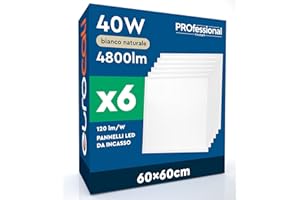 EUROCALI 6 Pannelli LED 60x60 40W Quadrati da Incasso 4800 lumen con Driver Philips - Luce Naturale 4000K - Plafoniera da Ufficio ad Alta Luminosità 120 lm/W Lampada da Soffitto per Controsoffitti Modulari