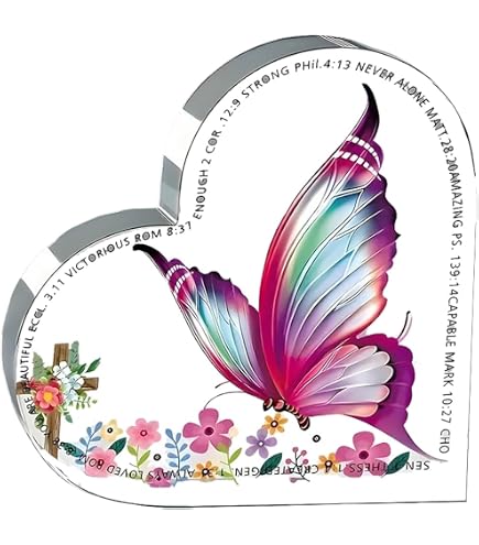 SUPERDANT Targa Acrilica A Forma Di Cuore Con Farfalla | Regalo Cristiano Ispiratore Con Citazione Biblica | Decorazione Da Scrivania Autoportante 15x15 Cm