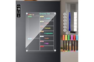 Bysameyee Calendario de refrigerador, tabla de planificación de comidas, acrílico magnético de borrado en seco, calendario mensual semanal para refrigerador con 6 marcadores de colores (transparente,