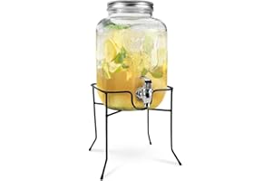 Jocca, Dispenser per Bevande in Vetro con Supporto Metallico, Serbatoio dell'acqua, Tappo a vite, Bevande Varie, Acqua, Succhi, Ghiaccio, Frutta, Cocktails, Infusi, 4 Litri