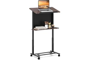 COSTWAY Mobilny pulpit stojący, mównica z regulacją wysokości z uchylnym blatem, półka i ogranicznik krawędzi, biurko do pisania, stolik stojący na kółkach, do biura domowego, orzech włoski