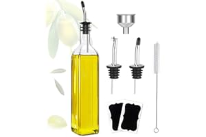 ztarraum Ölflasche,Öl- und Essigflasche 500 ml/17 oz, quadratisches hohes Glas mit 2 Edelstahlausgießern, 2 Etiketten und 1 Trichter zum einfachen Nachfüllen von Ölbehältern, Ölflaschen für die Küche
