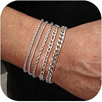 LOCCY 4 stuks zilveren armbanden voor heren, Cubaanse schakelketting van roestvrij staal, figaro-kettingarmband voor mannen, kinderen, verjaardag, Valentijnsdag, Kerstmis LOCCY 4 stuks zilveren armbanden voor heren, Cubaanse schakelketting van roestvrij staal, figaro-kettingarmband voor mannen, kinderen, verjaardag, Valentijnsdag, Kerstmis