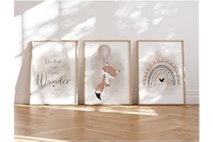 MeinBaby123® I Bilder Kinderzimmer | 3er Set DIN A4 | Wandbilder | Kinderzimmer Poster | Deko Bilder Kinderzimmer Mädchen und Jungen | Babyzimmer Deko (Luftballon & Fuchs beige)