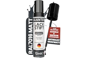‎GLANTEX GLANTEX Lackstift Anthrazit Matt [12ml] – RAL 7016 Grau Matt – Hohe Deckkraft gegen Kratzer & Steinschläge – für Auto, Terrassendächer, Möbel, Metall u.v.m.