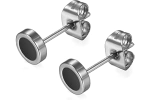 Flongo Petites boucles d’oreilles rondes argentées et noires Unisexes En acier inoxydable Style hip hop 6 x 12 mm