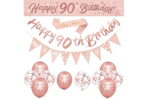 DEARLIVES 14 Piece 90th Birthday Decoration Set: Rose Gold Balloons, Banners & Straps