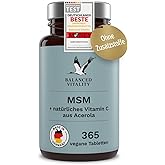 MSM + Vitamin C - 2000mg Methylsulfonylmethan + natürliches Vitamin C (Acerola) - 365 vegane Tabletten für 6 Monate - ohne Zu