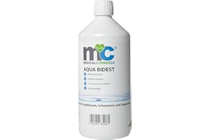MEDICALCORNER24 Aqua Bidest 1 litro, agua de laboratorio, agua pura, agua bidestilada, agua destilada 2 veces, desmineralizada por ósmosis