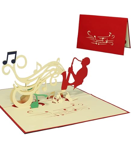 Saxophon Jazz Geburtstagskarte Mit Gold-Glitzer – Laserschnitt, 14x14 Cm, Hochwertiges 350g Papier Mit Umschlag