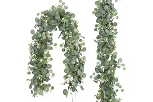 Förpackning med 2 180 cm eukalyptus dekoration, gröna blad konstgjord girlang växt, gröna blad dekoration med vita blommor fö