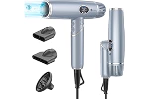 SLOPEHILL Seche Cheveux Professionnel Ionique Voyage Pliable et Accessoires Silencieux Moteur Brushless 11.000 RPM Léger/Contrôle de la Température/Écran Lcd/Diffuseur Magnétique/Faible Bruit（Bleu）