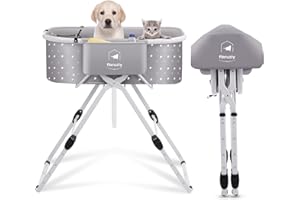 FLARUZIY Bañera elevada para mascotas, 5 alturas plegable, bañera de cuidado con desagüe, bañera portátil para perros pequeños y medianos y gatos máx. hasta 56 kg (gris)