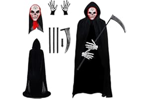 NEWUPZSI Kostium Żniwiarza z peleryną kosy na Halloween, kosą i rękawiczkami, kostium na Halloween, unisex, na Halloween, imprezę, czaszka, nakrycie głowy