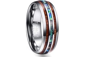 NUNCAD Herren Damen Partner Ring aus Wolfram 8mm mit Abalone-Muschel und Hawaiischem Koaholz Größe 47 bis 80(15-25.5)