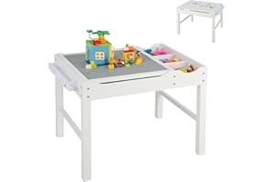 ‎COSTWAY COSTWAY 2 in 1 Kindertisch mit umkehrbarer Tischplatte, Spieltisch aus Kiefernholz mit Stauraum, Seiternstange & Papierrolle, Aktivitätstisch Legotisch für Kinder ab 3 Jahre (Weiß)