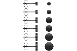 YOLEV Zestaw 6 par kolczyków na sztyfcie w kropki, 3/4/5/6/7/8 mm, stal nierdzewna, uniseks, okrągłe, płaskie, czarne, srebrne, Stal nierdzewna, Nie zawiera kamieni szlachetnych