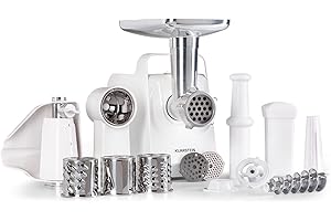 Klarstein Mighty Mince - Rallador eléctrico, Cortador de verduras eléctrico con potencia de 500-1361 W, Espiralizador de verduras con accesorios para salchichas, albóndigas y puré, Con asas, Blanco