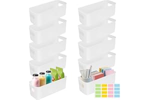 SHAIDOJIO 10 Boîtes de Rangement en Plastique avec 1 Feuille D'étiquettes, Paniers de Rangement Rectangulaires Blancs avec Poignées-27*9*8cm, Rangement pour Placard de Cuisine pour Bain Bureau