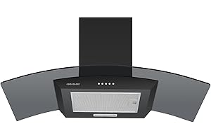 Cookology CGL900BK/A Cooker Hood Chimney Kitchen Extractor Fan 90cm, Recirculating & Ducting Wall Mounted, Curved Glass, Energy Rating A, 3 Speed Settings, LED, Adjustable Height - Black