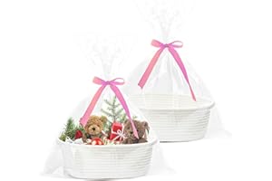 LOLYSIC 2Pcs Hamper Baskets for Gifts Empty, White Cotton Rope Woven Gift Baskets with Cellophane Bags & Bows, for Wedding Baby Shower Birthday Christmas Easter, 31x21x13cm